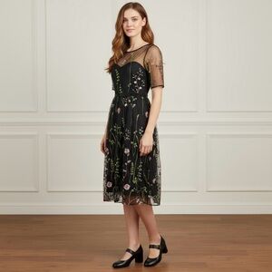 NWT JJ'S HOUSE Floral Embroidered Midi Dress Sz S Black Event Fairy Feminine